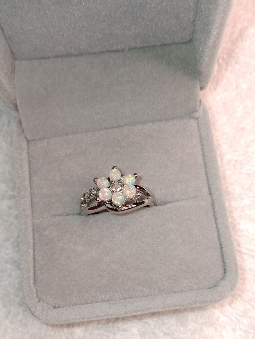 Silver Faux Opal Flower Cluster Ring - White Opal - Size 6